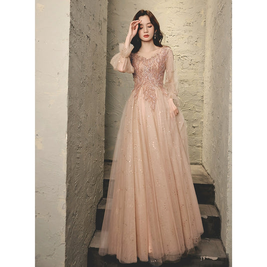 Fairy Pink Long-sleeved Princess Formal Ball Gown Dress