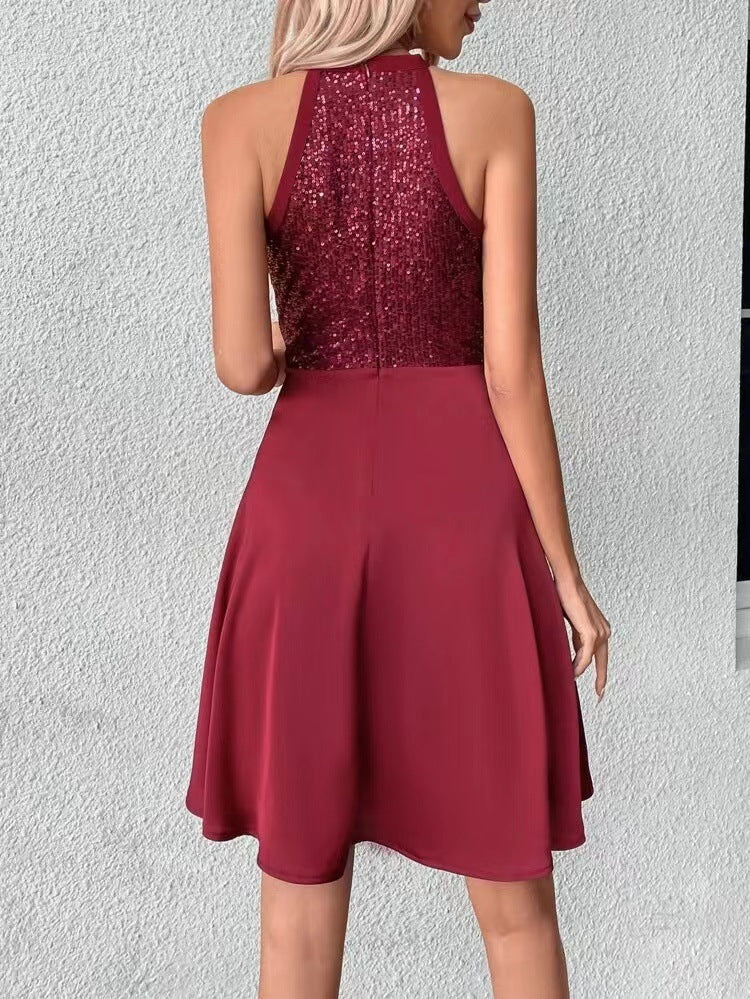 2023 Summer New Sequined Halter Sleeveless Slim Short Dress