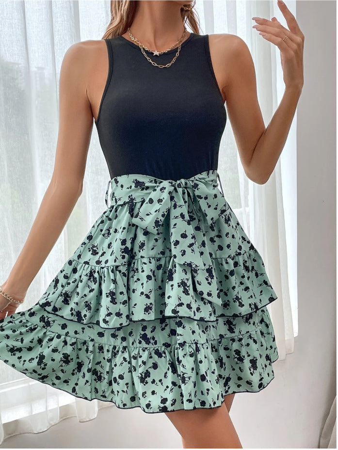 Chic Sleeveless Printed Vest Ruffled Short Tiers Dress