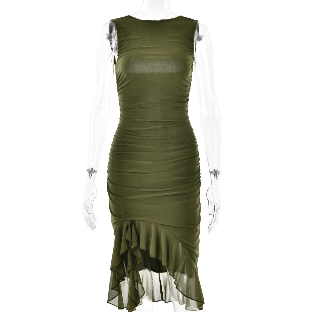 2023 New Crewneck Sleeveless Pleated Ruffles Midi Dress