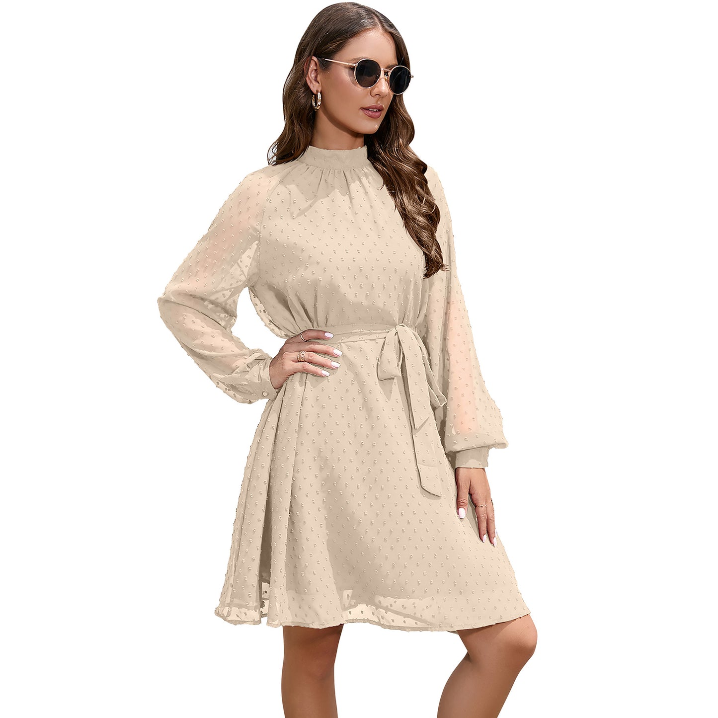 Long Sleeve Chiffon Swiss Dot Knee Length Dress with Belt