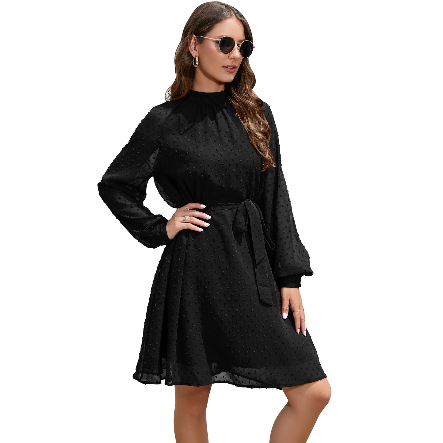 Long Sleeve Chiffon Swiss Dot Knee Length Dress with Belt