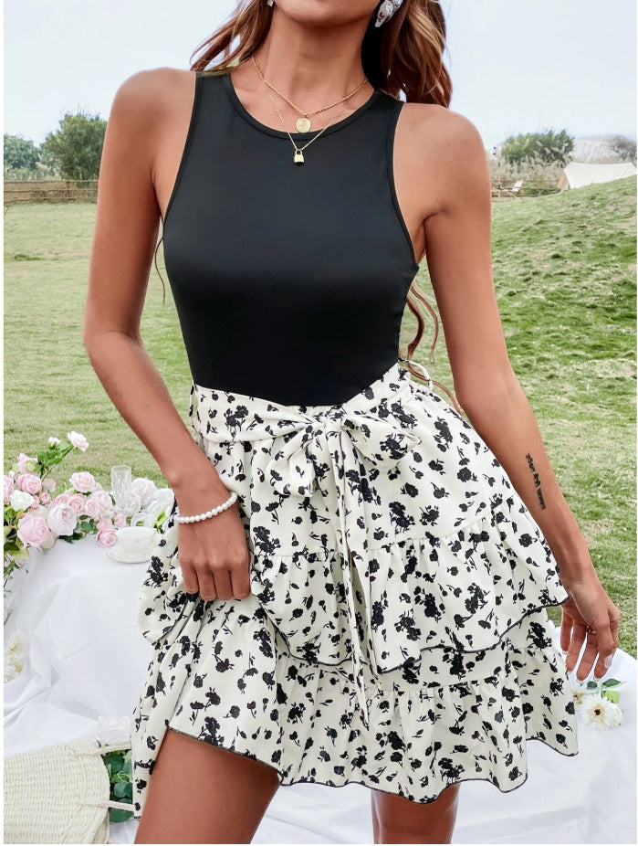 Chic Sleeveless Printed Vest Ruffled Short Tiers Dress