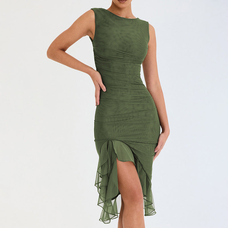 2023 New Crewneck Sleeveless Pleated Ruffles Midi Dress