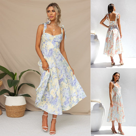 2023 New Slim V-neck Sling Print Long Floral Dress