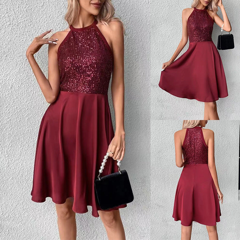 2023 Summer New Sequined Halter Sleeveless Slim Short Dress