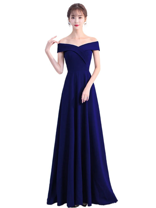 Off Shoulderr Solid Color Long Formal Eveinng Dress with Chest Pad