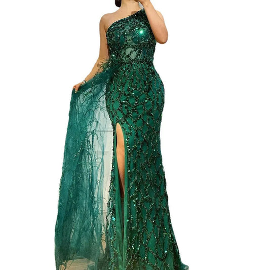 One Shoulder Sequined High Split Long Formal Evening Green Dress