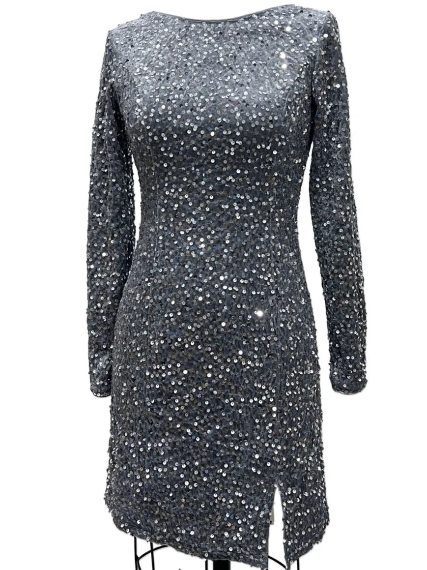 Open Back Sequined Long Sleeves Short Formal Eening Party Club Dress Gray