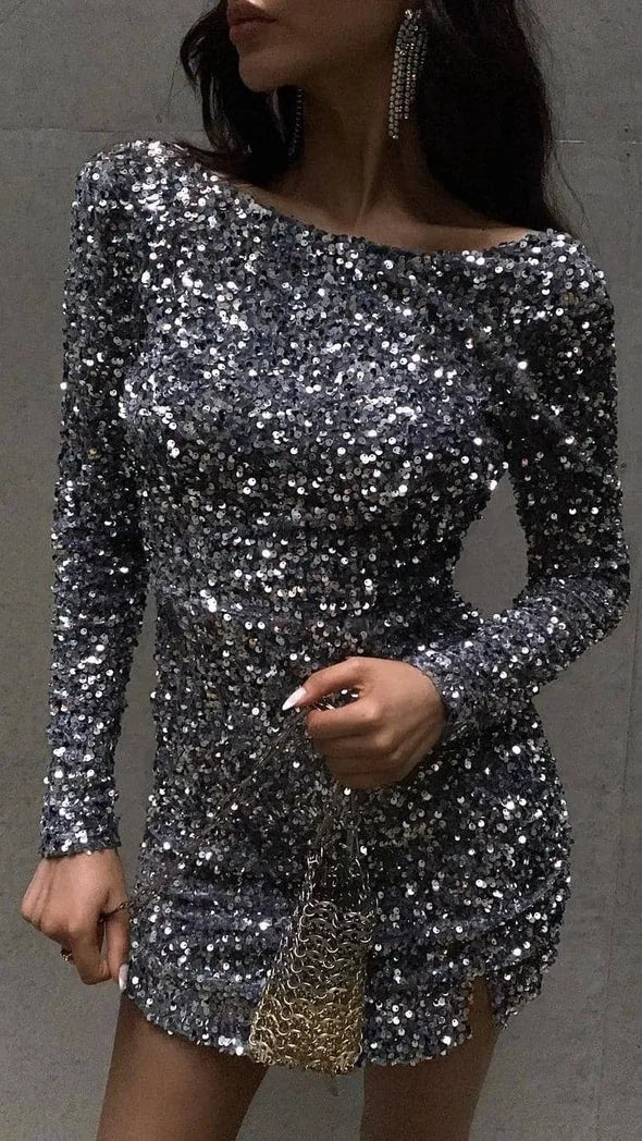 Open Back Sequined Long Sleeves Short Formal Eening Party Club Dress Gray