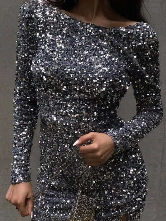 Open Back Sequined Long Sleeves Short Formal Eening Party Club Dress Gray