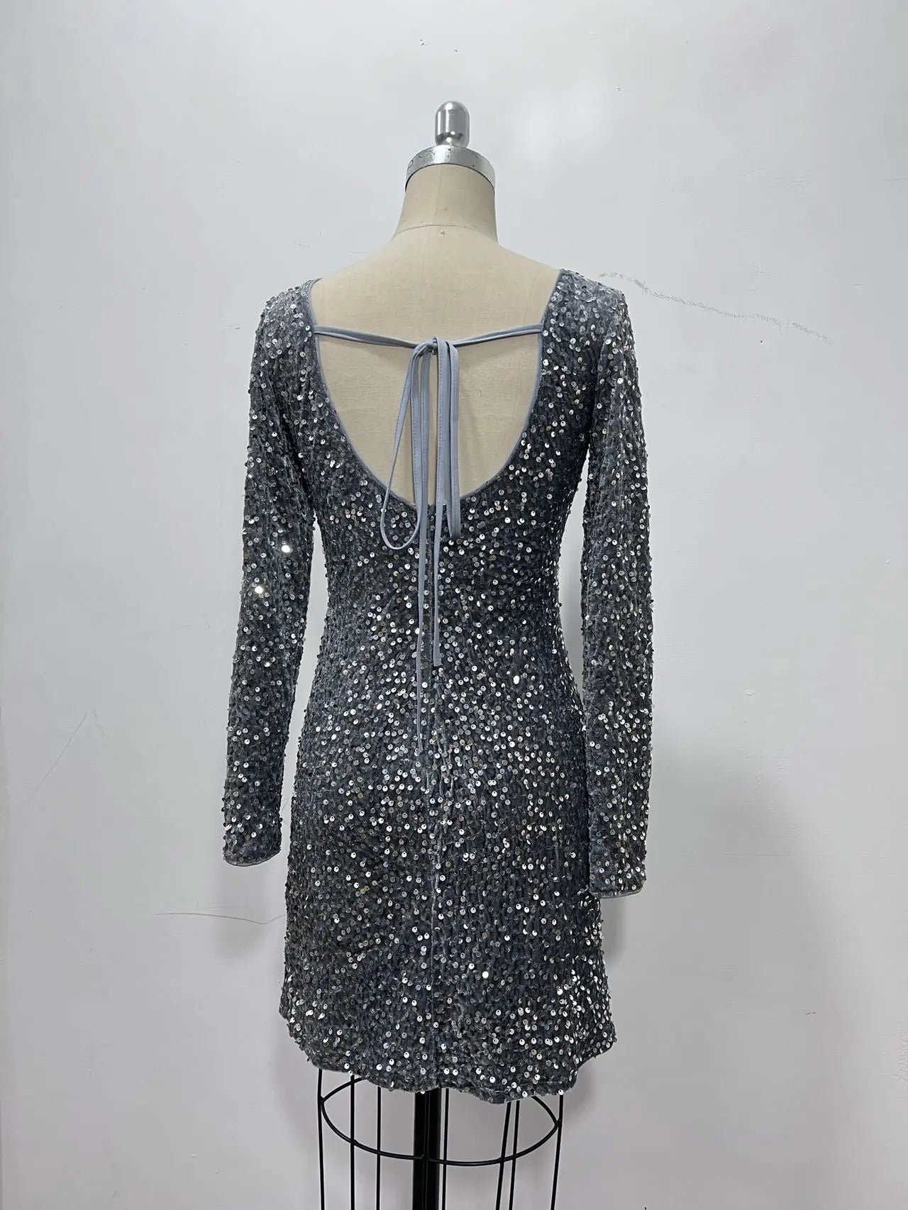 Open Back Sequined Long Sleeves Short Formal Eening Party Club Dress Gray