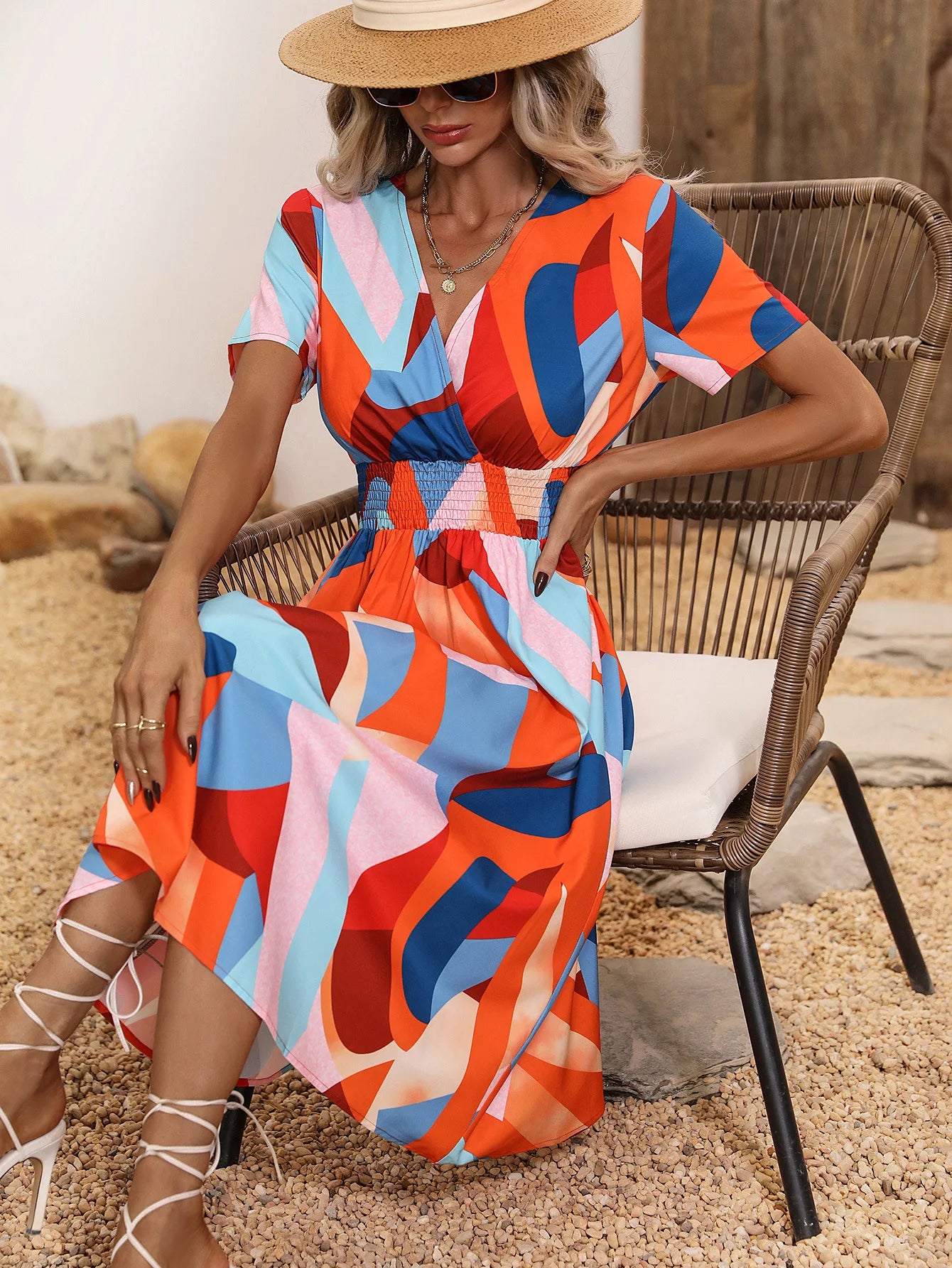 Orange Abstract Print Ruffled Sleeve Shift Dress