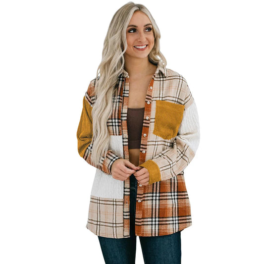 Orange Plaid Color Block Patchwork Shirt Jacket with Pocket