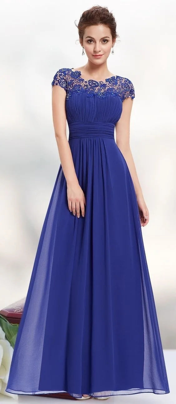 Perspective Lace Open Back Chiffon Ruched Long Solid Color Evening Bridesmaid Dress