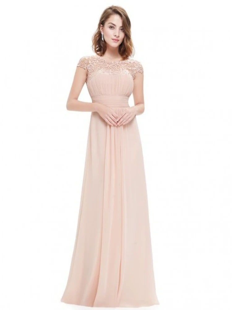 Perspective Lace Open Back Chiffon Ruched Long Solid Color Evening Bridesmaid Dress