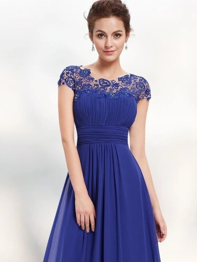 Perspective Lace Open Back Chiffon Ruched Long Solid Color Evening Bridesmaid Dress