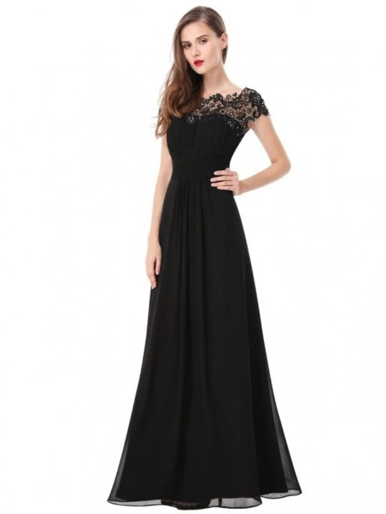 Perspective Lace Open Back Chiffon Ruched Long Solid Color Evening Bridesmaid Dress