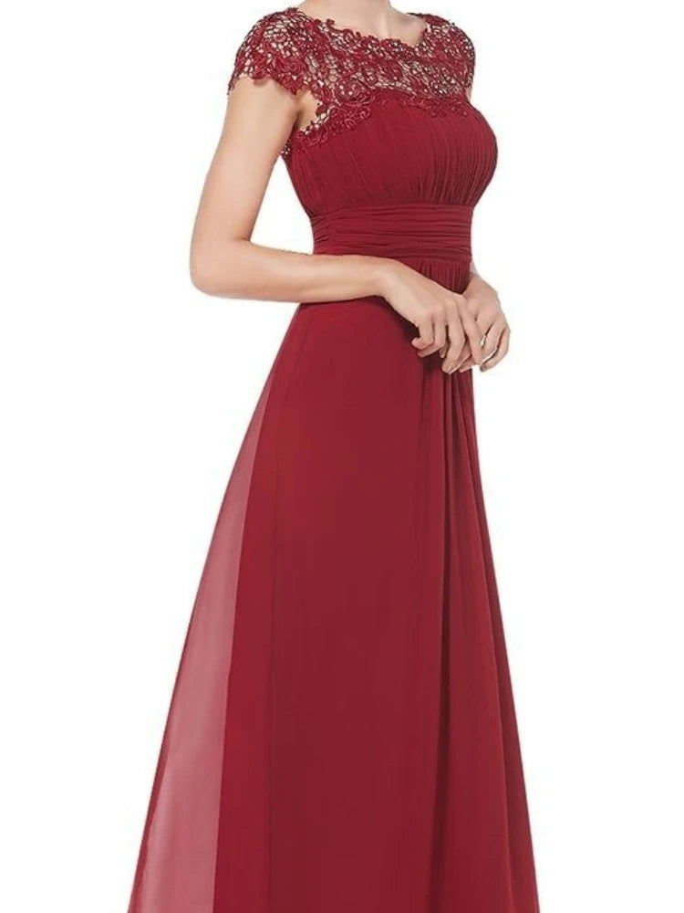 Perspective Lace Open Back Chiffon Ruched Long Solid Color Evening Bridesmaid Dress