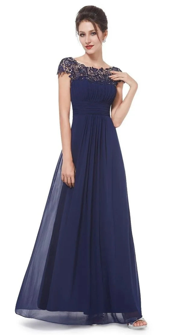 Perspective Lace Open Back Chiffon Ruched Long Solid Color Evening Bridesmaid Dress