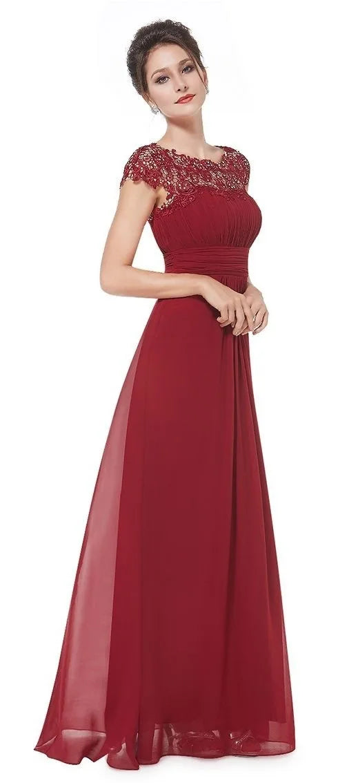 Perspective Lace Open Back Chiffon Ruched Long Solid Color Evening Bridesmaid Dress