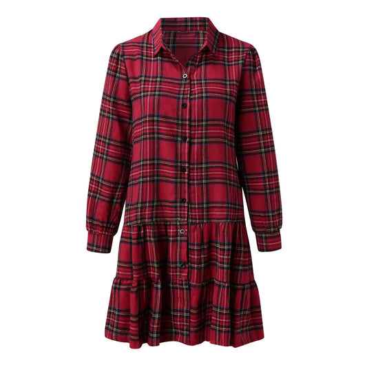 Plaid Shirt Long Sleeves Single-breasted Women's Clothing Cake Dress