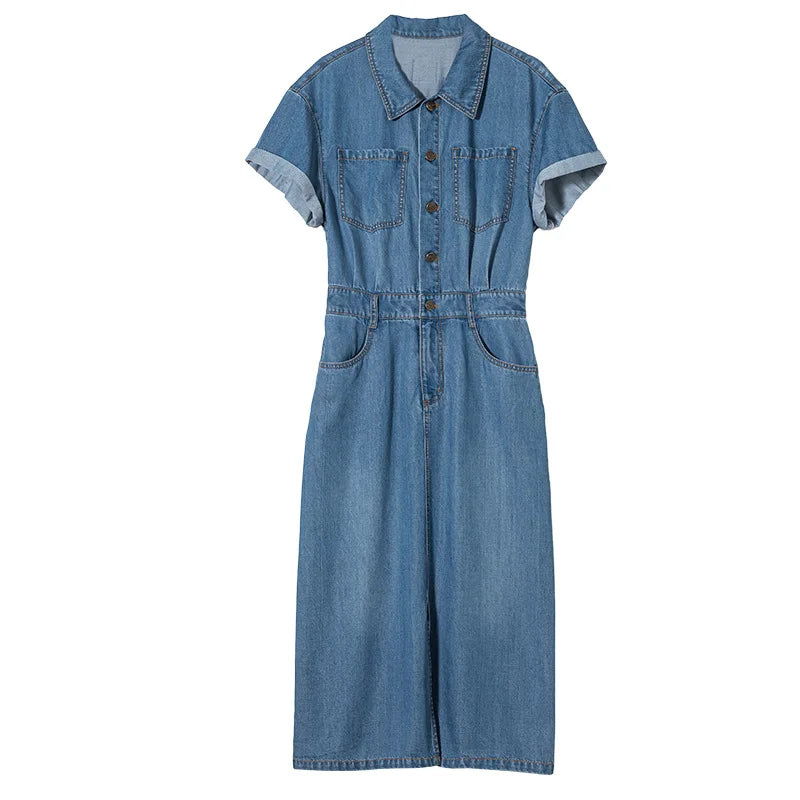 Polo Collar Single-breasted Short-sleeved Tencel Denim Dress Women's