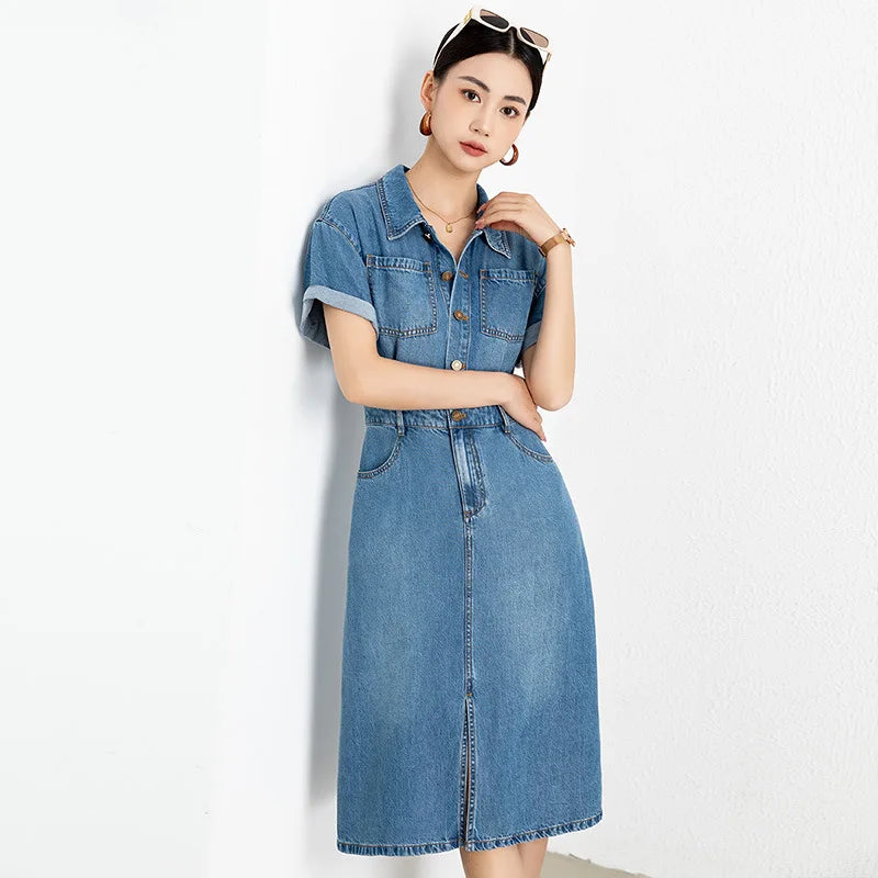 Polo Collar Single-breasted Short-sleeved Tencel Denim Dress Women's