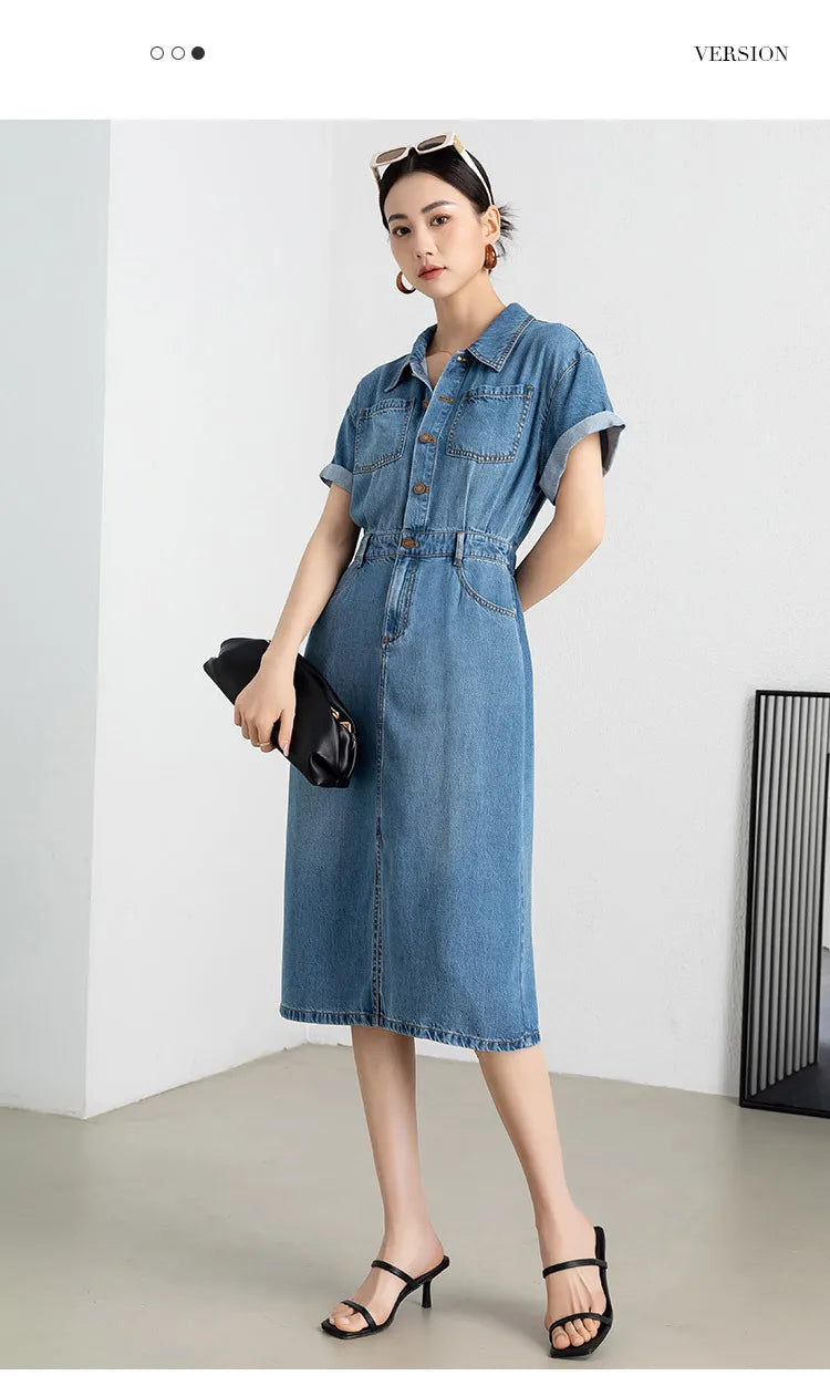 Polo Collar Single-breasted Short-sleeved Tencel Denim Dress Women's