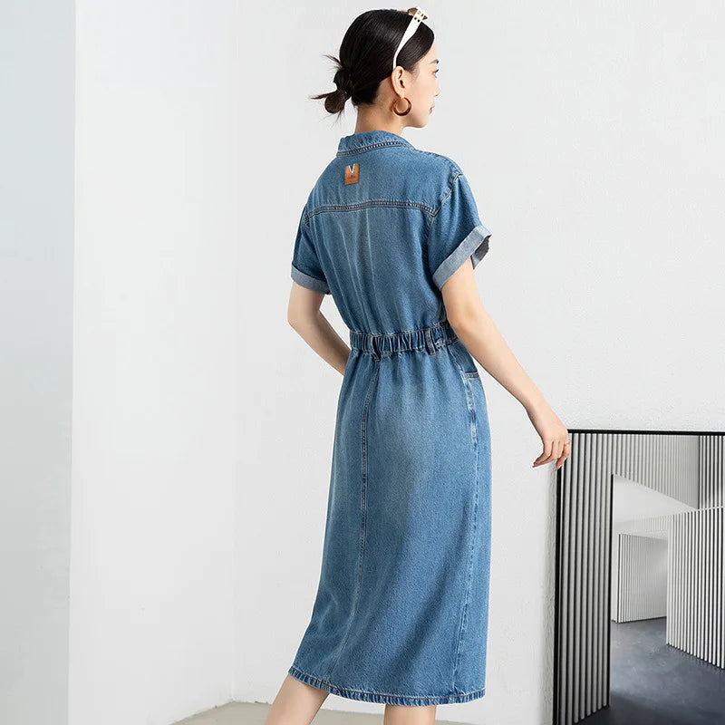 Polo Collar Single-breasted Short-sleeved Tencel Denim Dress Women's