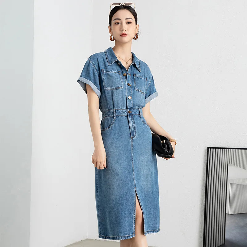 Polo Collar Single-breasted Short-sleeved Tencel Denim Dress Women's