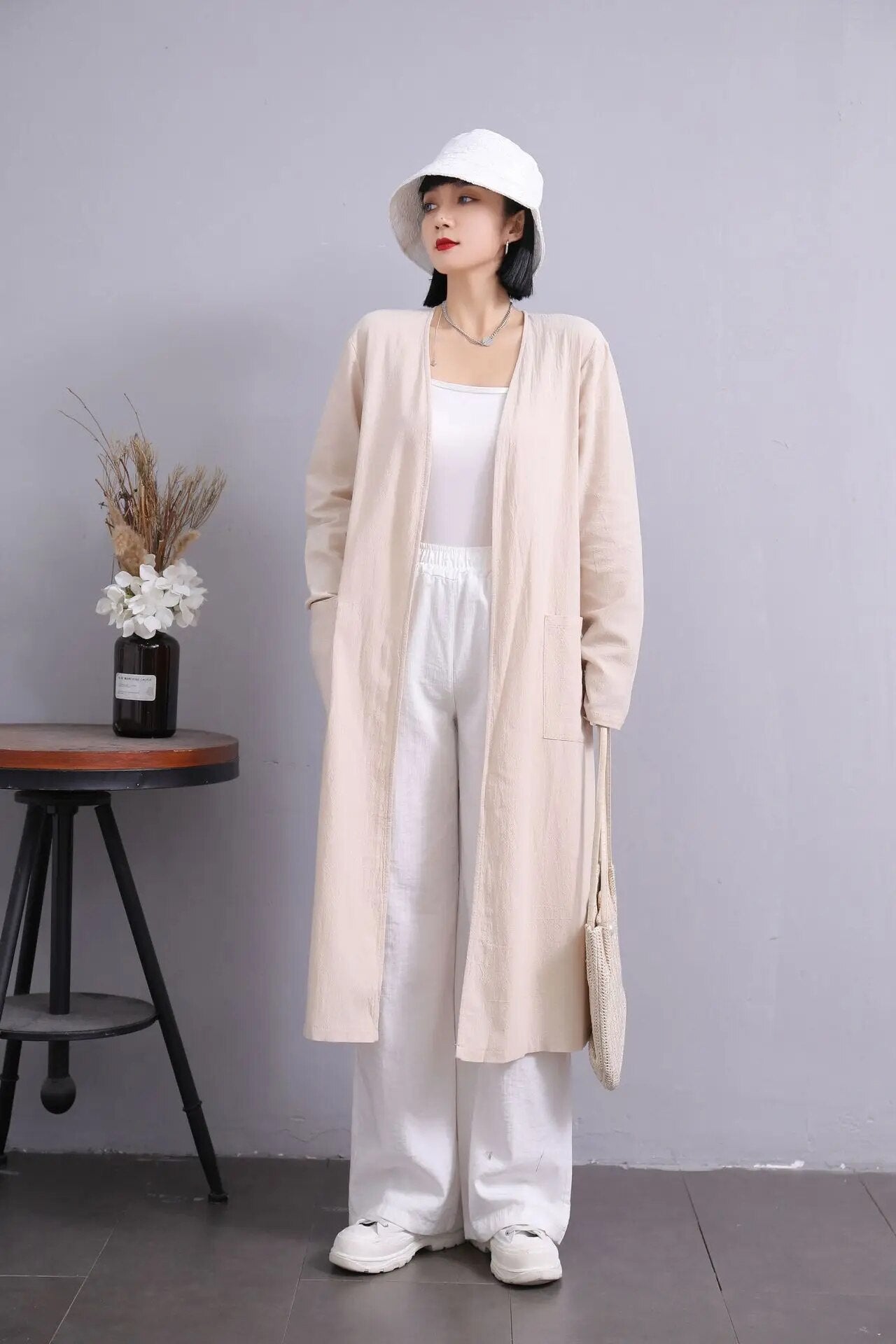 Popular Fall Solid Color V-neck Straight Barrel Women's Trench