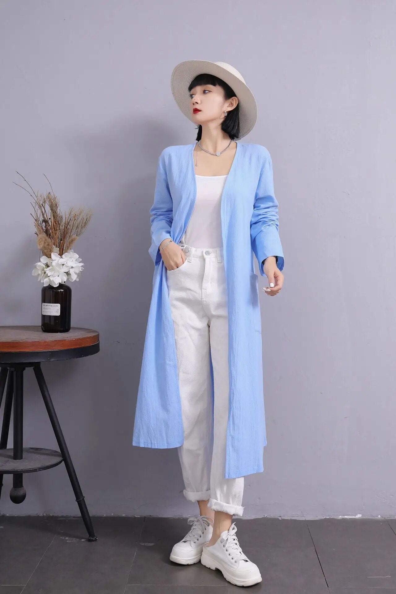 Popular Fall Solid Color V-neck Straight Barrel Women's Trench