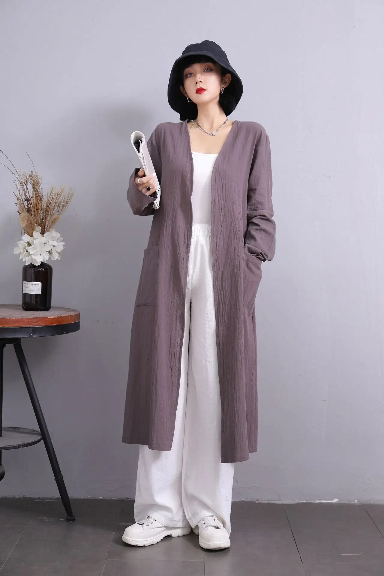 Popular Fall Solid Color V-neck Straight Barrel Women's Trench