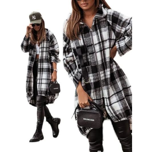 Print Check Zipper Casual Midi Hooded Jacket Plaid Shirt Women