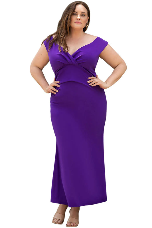 Purple Plus Size Fit and Flare Pleated V-neck Off-shoulder Mermaid Dress