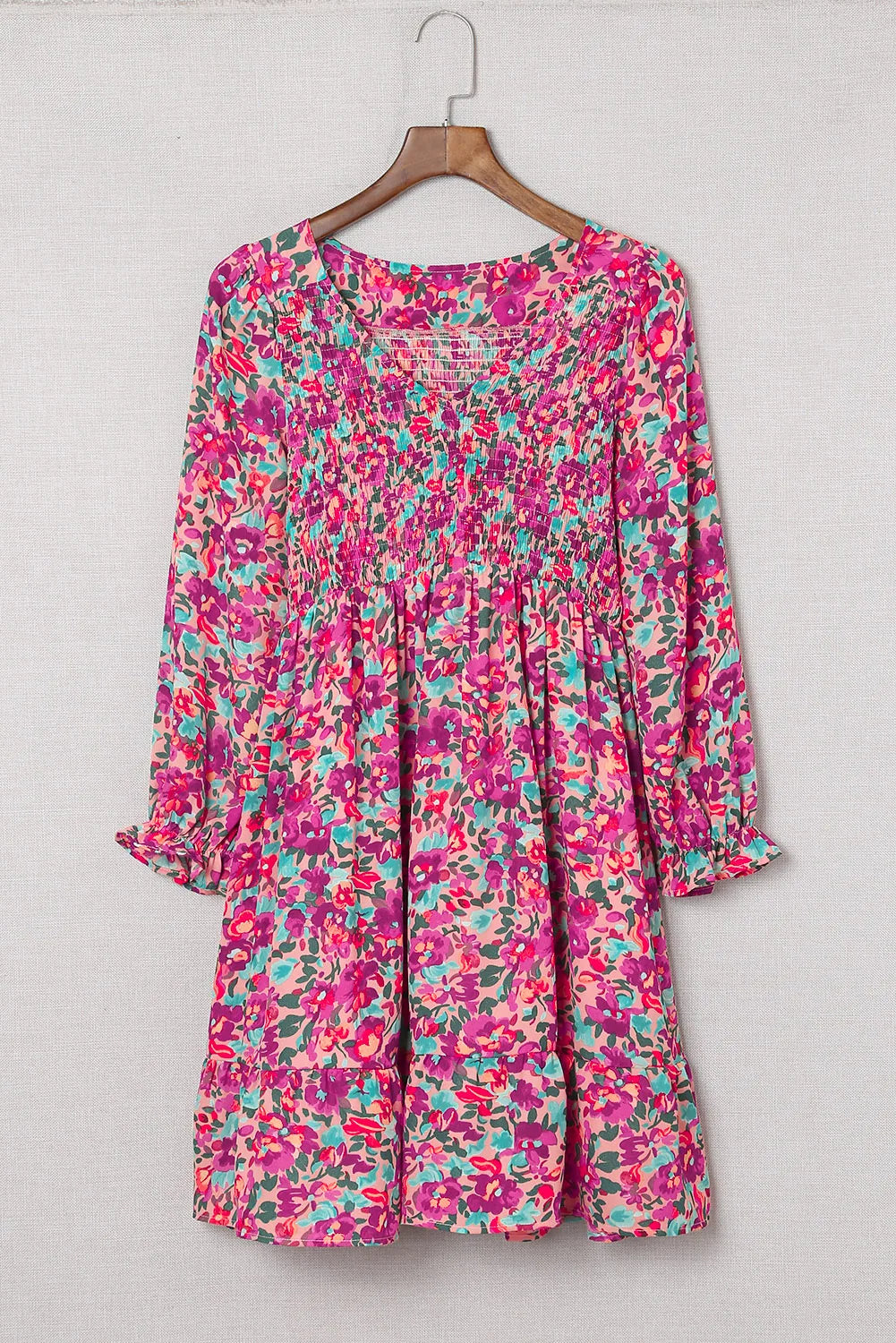 Purple Smocked V Neck Puffy Sleeve Floral Dress