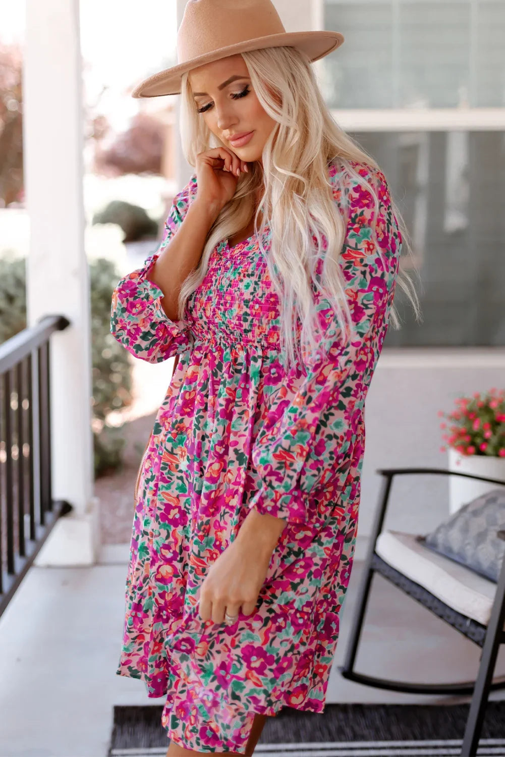 Purple Smocked V Neck Puffy Sleeve Floral Dress