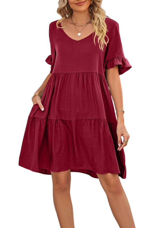 Red V Neck Ruffle Short Sleeve Flared Midi Dress