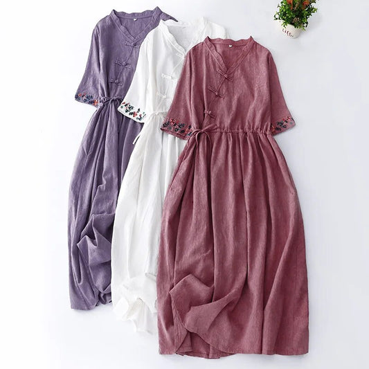 Retro Buckle Cotton and Linen Jacquard 2023 V-neck Embroidered Long Dress