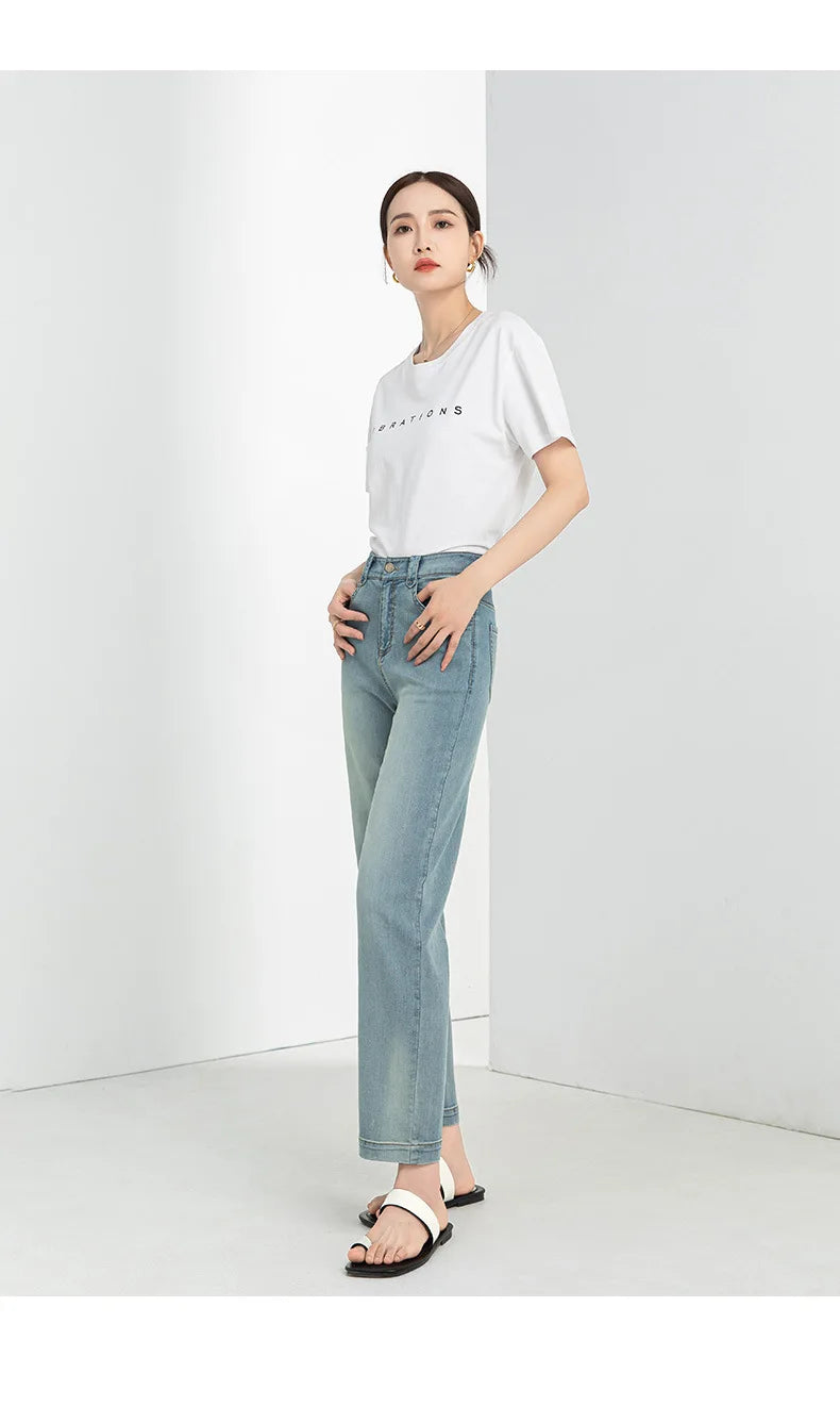 Retro Summer Pear-shaped Women's Tencel Cotton Straight Jeans