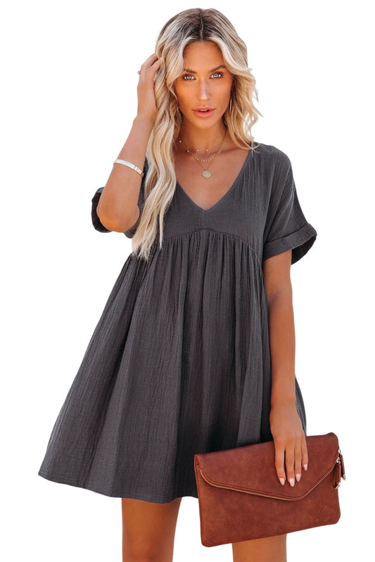 Roll Up Short Sleeve Deep V Neck Babydoll Mini Dress