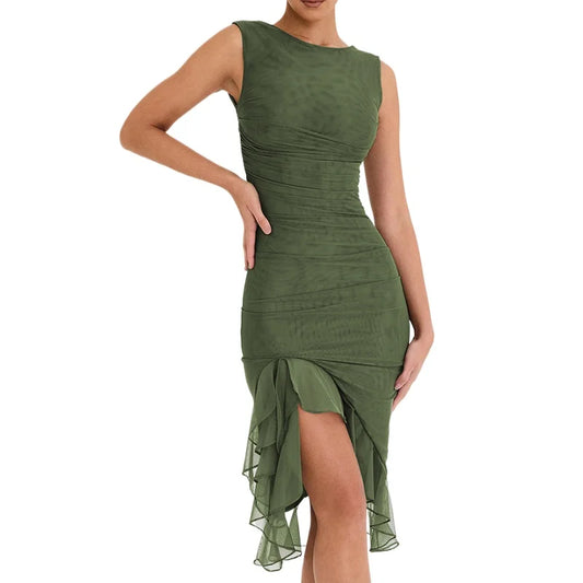 Round Neck Mesh Ruffles Tight Solid Color Pleated Summer Dress