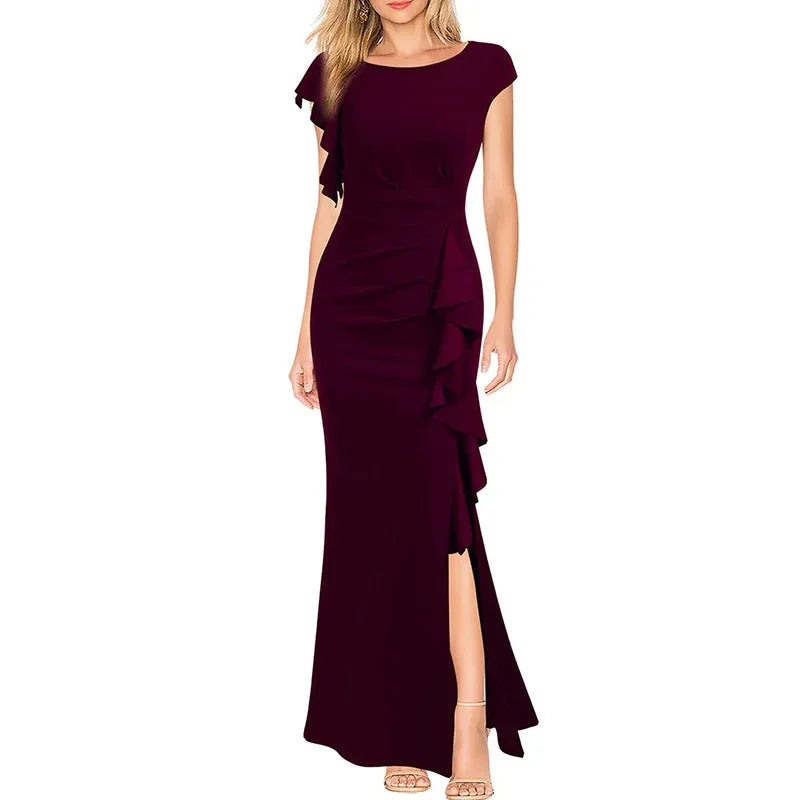 Round Neck Ruched Ruffles Split Long Formal Evening Dress