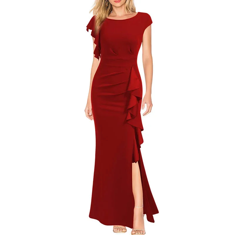 Round Neck Ruched Ruffles Split Long Formal Evening Dress