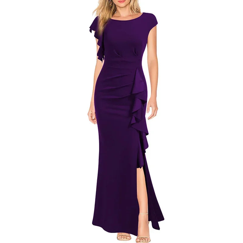 Round Neck Ruched Ruffles Split Long Formal Evening Dress