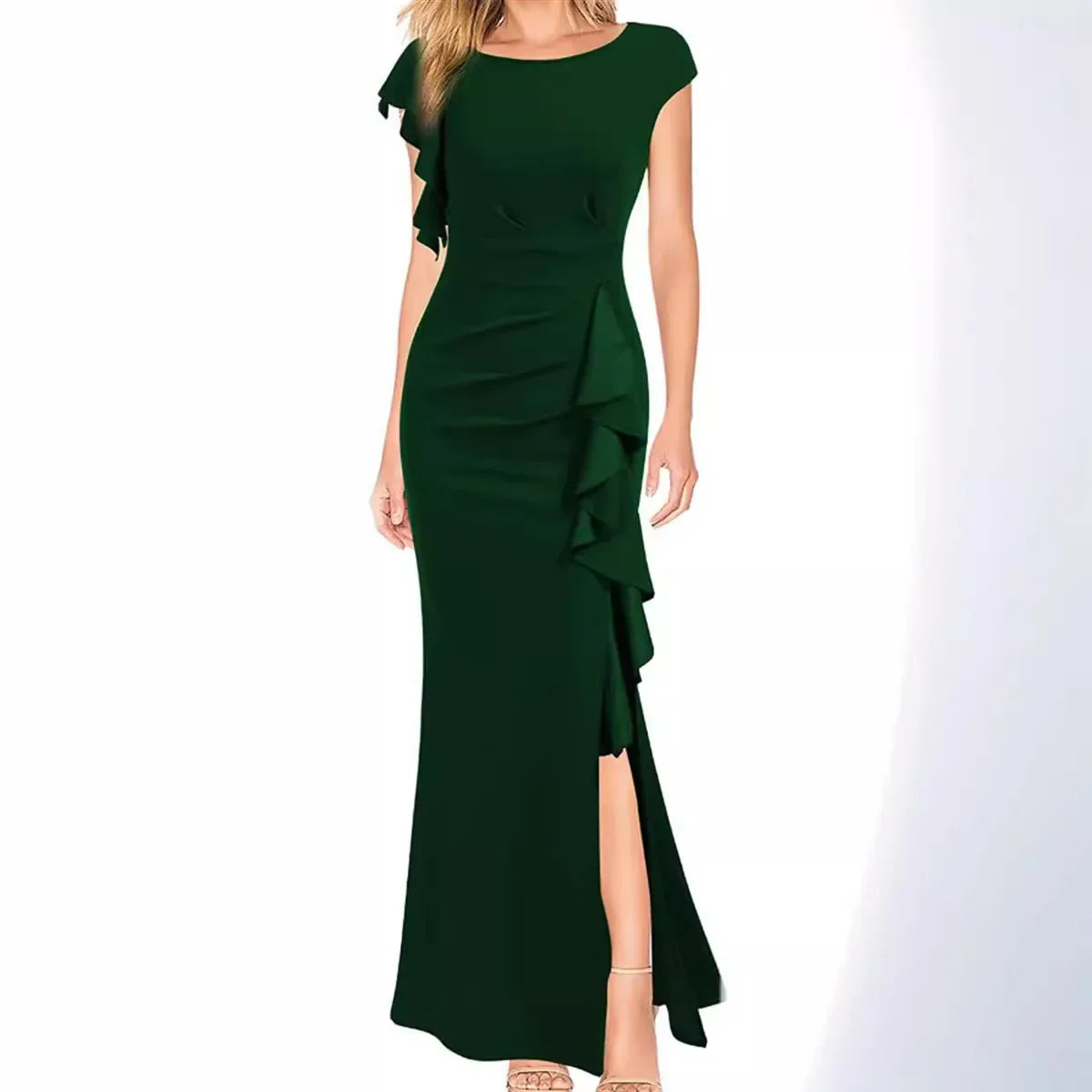 Round Neck Ruched Ruffles Split Long Formal Evening Dress