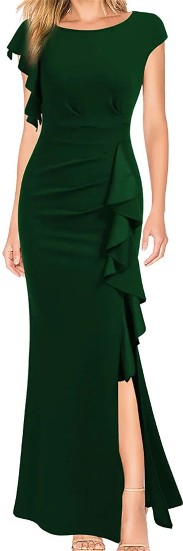 Round Neck Ruched Ruffles Split Long Formal Evening Dress