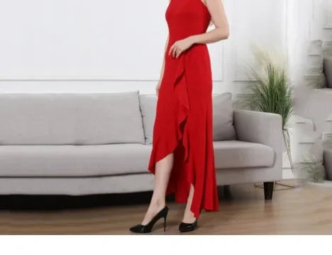 Round Neck Ruched Ruffles Split Long Formal Evening Dress