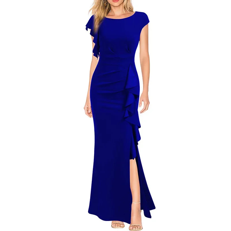 Round Neck Ruched Ruffles Split Long Formal Evening Dress